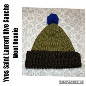 Yves Saint Laurent Olive and Brown Beanie with Blue Pom